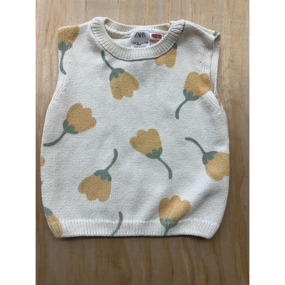 Zara Kids Knit Sweater Vest Cream Yellow Tulip Floral Sleeveless Top Size‎ 6 116